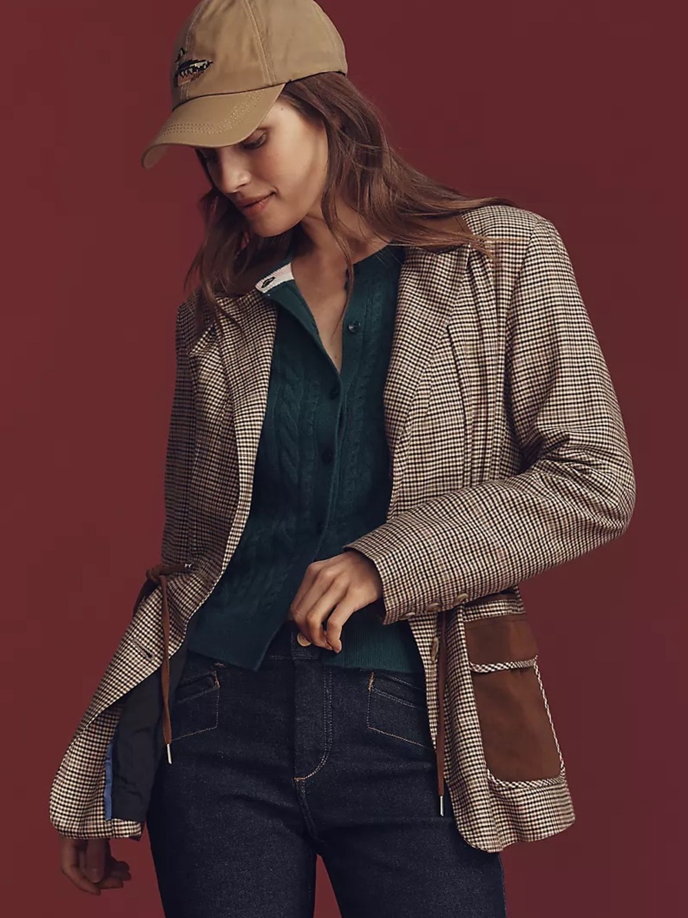 Anthropologie Maeve Cinch-Waist Blazer Brown Beige Plaid Faux Suede Trim Prep S